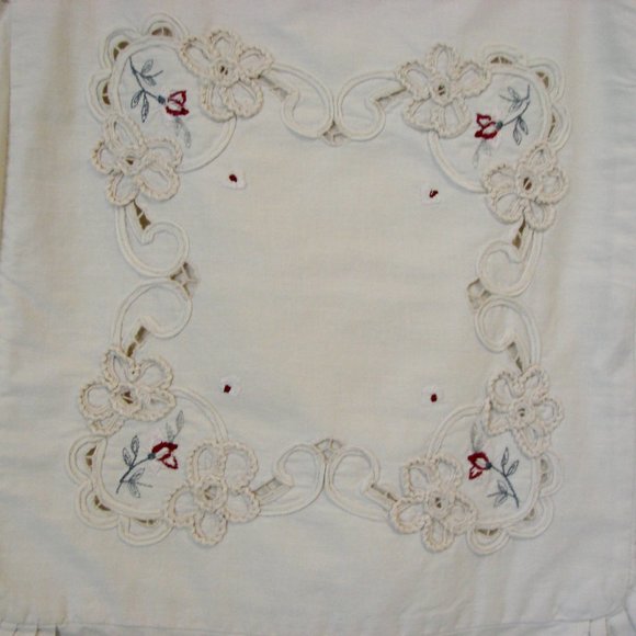 Vintage Floral Embroidered Pillow Case Cover Shabby Chic Flowers Lace Ruffle - Picture 2 of 12